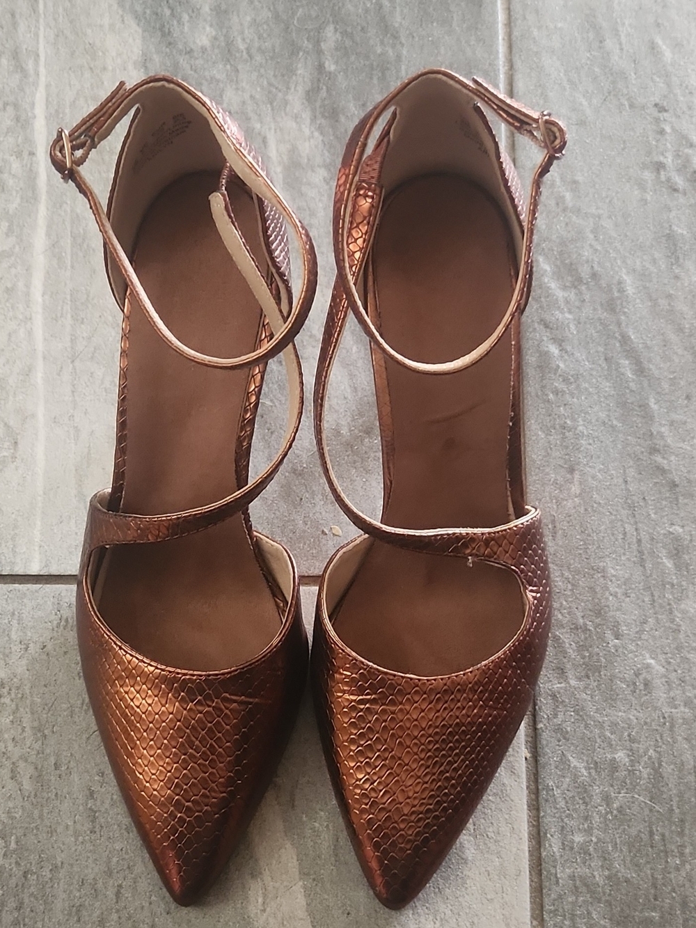 Pointed-Toe Metallic Copper Ankle-Strap Pumps